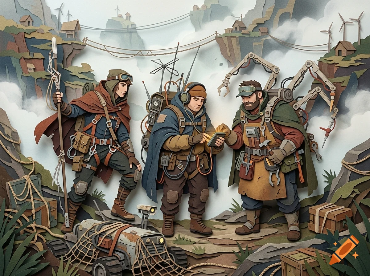 Three futuristic explorers with gear and a small robot in a mountainous landscape with floating islands.
