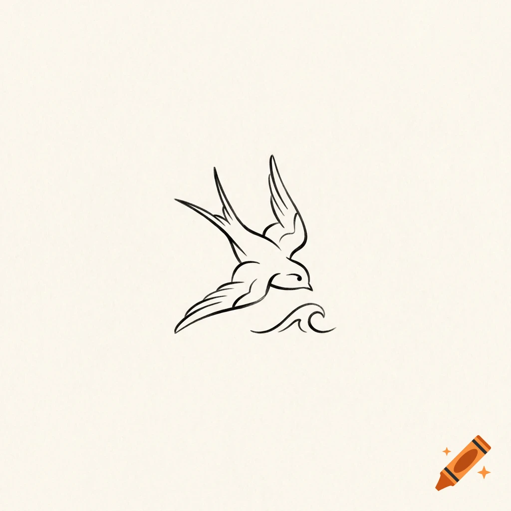 Minimalist black ink line drawing of a swallow bird flying above a wave against a cream background.