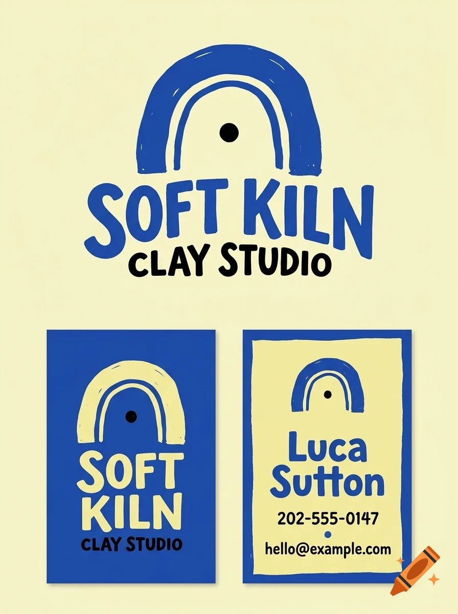 Branding design for Soft Kiln Clay Studio with a blue abstract arch icon, business card layout, and contact details.