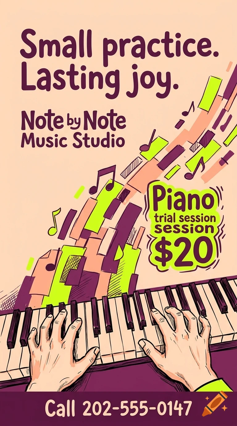 An illustrated poster for Note by Note Music Studio featuring a piano keyboard, hands playing, musical notes, and text offering a $20 trial session.