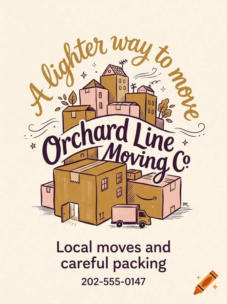 Illustration for Orchard Line Moving Co featuring cardboard boxes styled as houses, a small moving truck, and the text A lighter way to move.