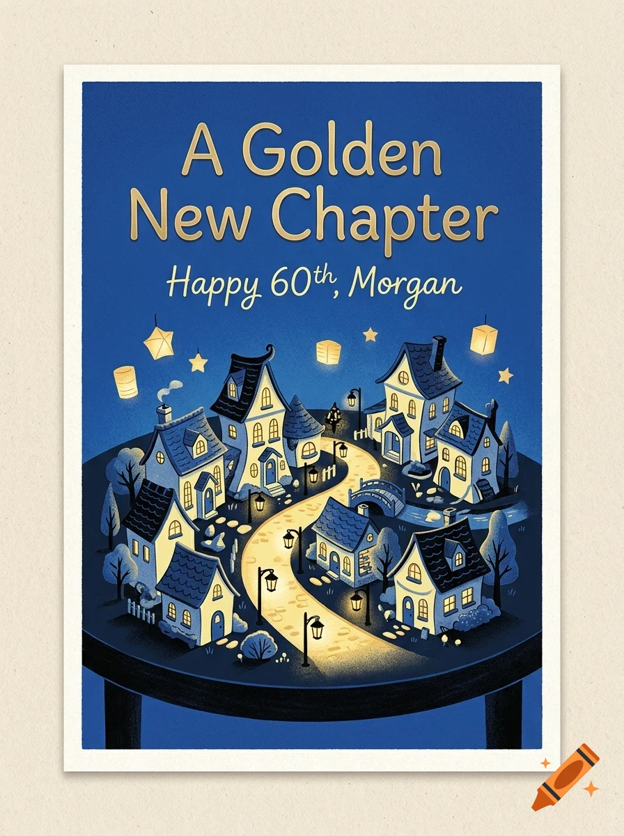 An illustrated greeting card depicting a miniature village on a table at night, with glowing houses, lanterns, and the text 'A Golden New Chapter - Happy 60th, Morgan'.