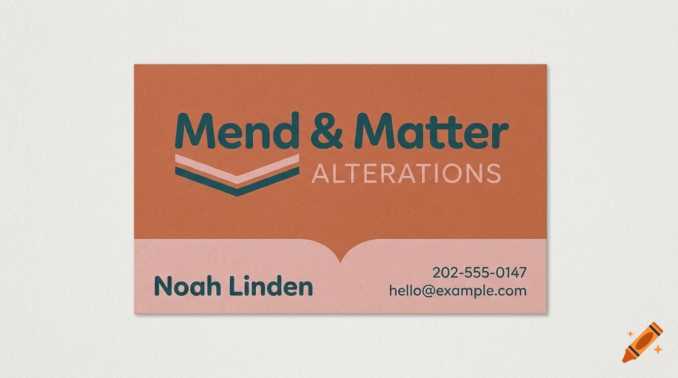 A business card with the text Mend and Matter Alterations, Noah Linden, and contact details.