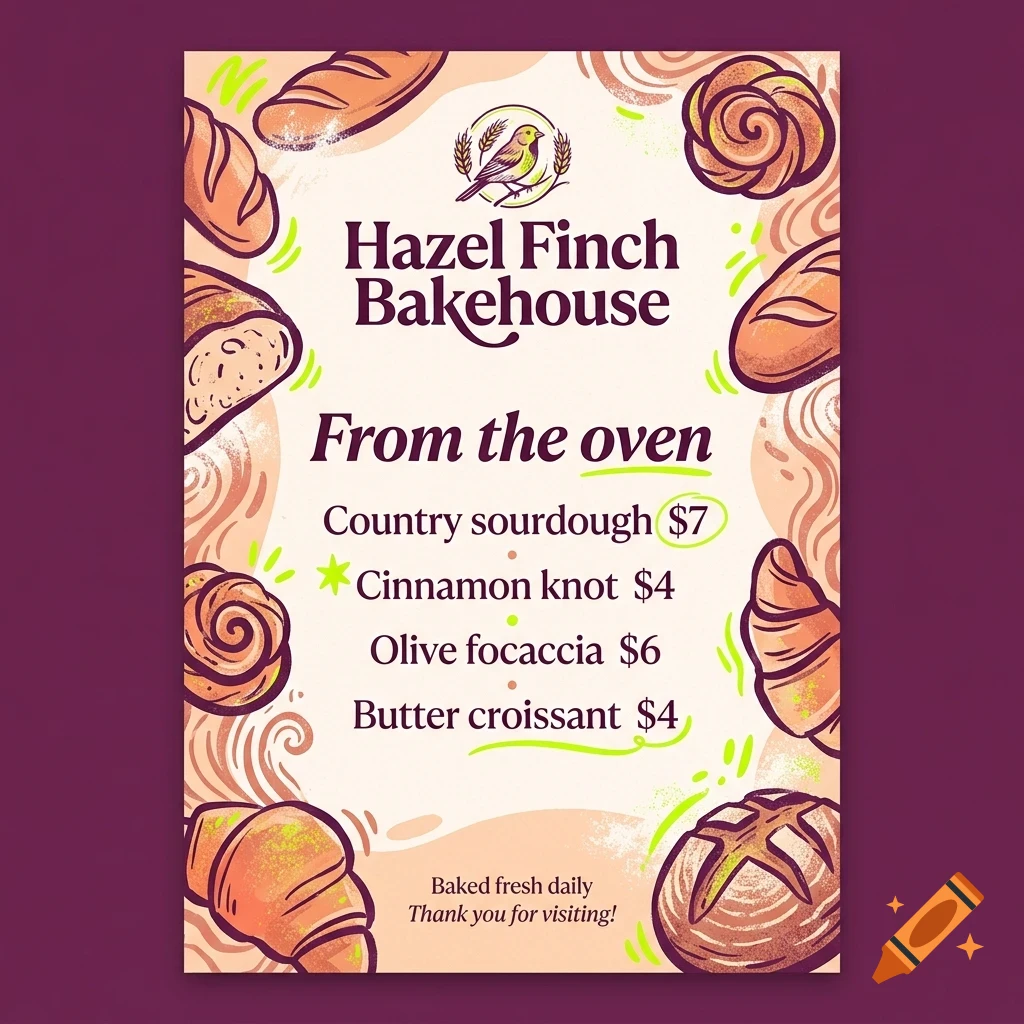 An illustrated bakery menu flyer for Hazel Finch Bakehouse featuring bread and pastry illustrations and prices.