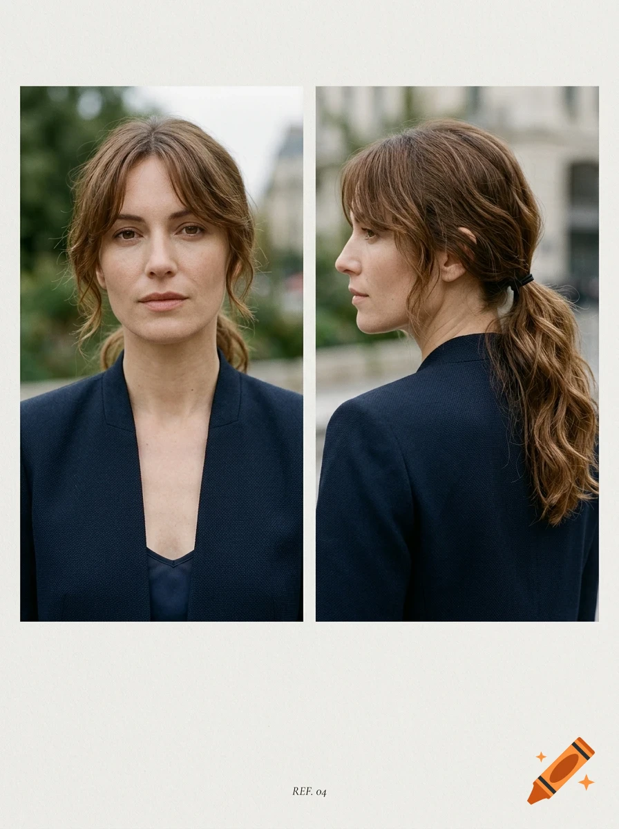 Front and side profile portraits of a woman with brown hair and bangs wearing a dark blue jacket.