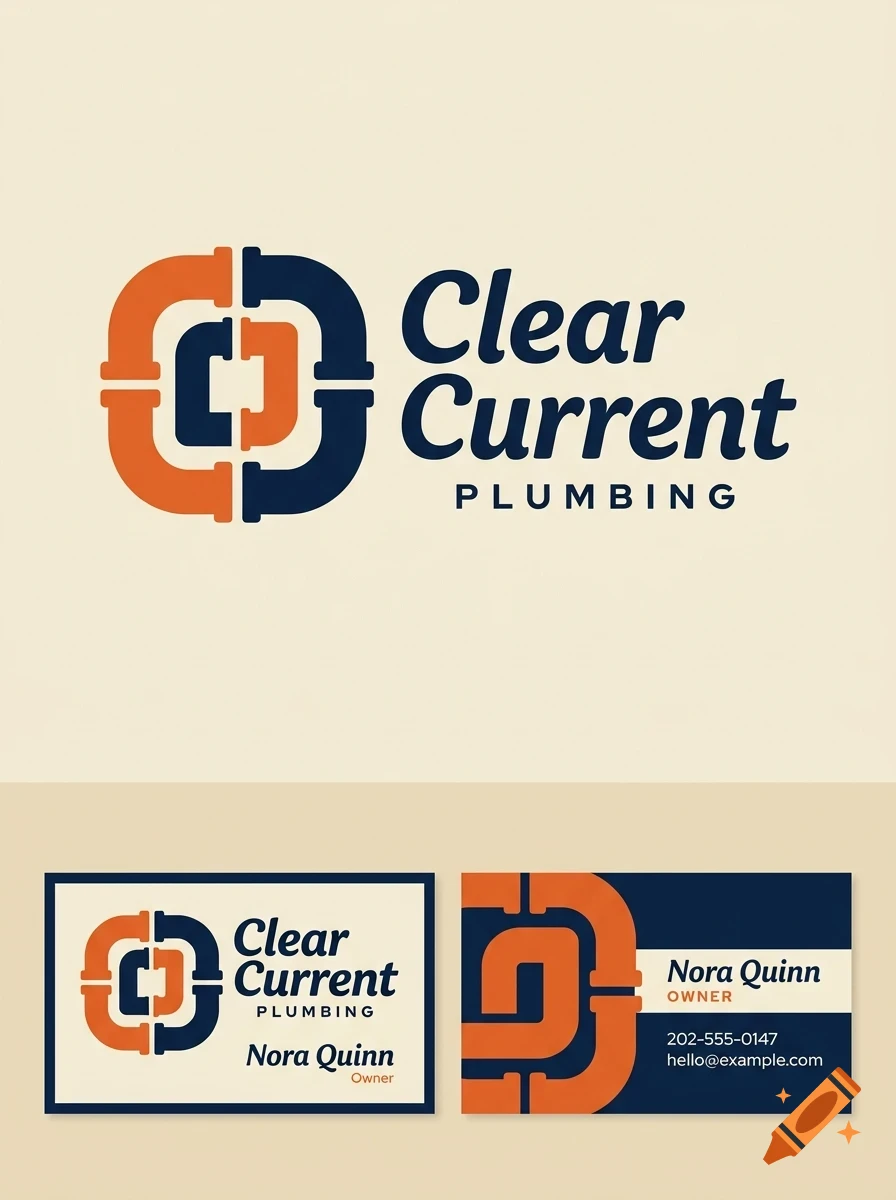 A brand identity design for Clear Current Plumbing, featuring a logo composed of interlocking orange and blue pipe shapes, alongside business card mockups showing contact details.
