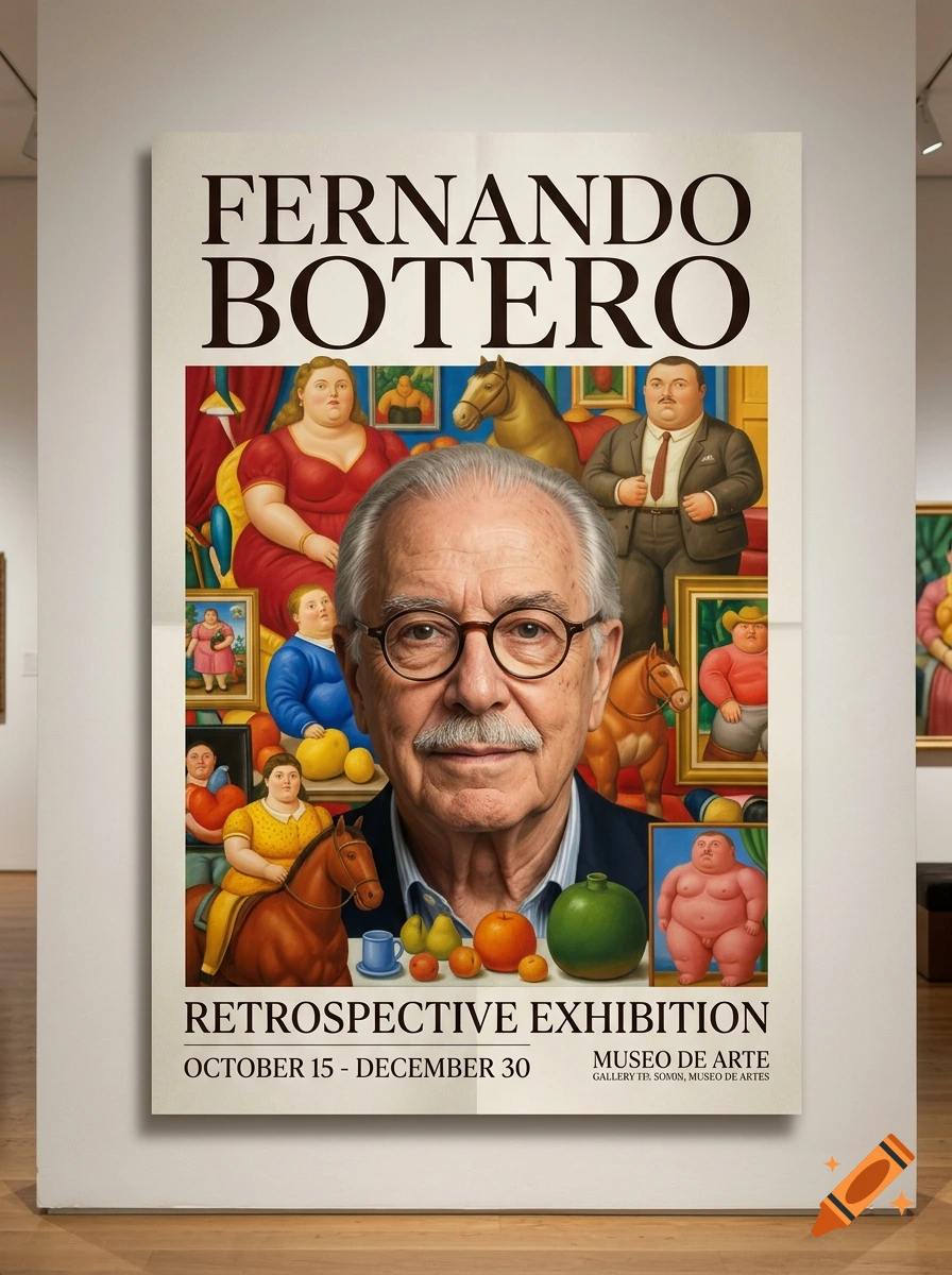 Exhibition poster of Fernando Botero featuring his portrait layered over a collage of his paintings, hanging on a gallery wall.