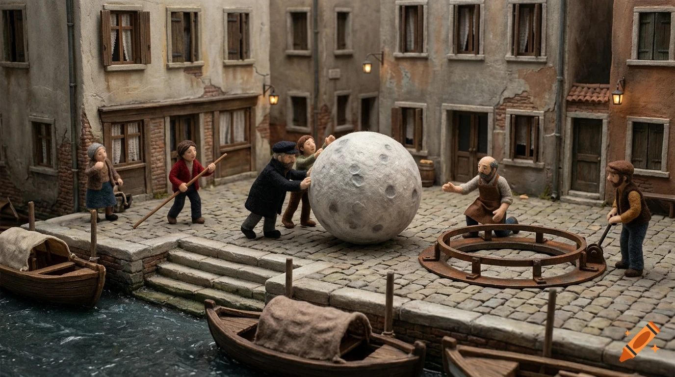 Miniature clay figures of people working together to push a large cratered sphere resembling the moon in a canal-side cobblestone square with boats.