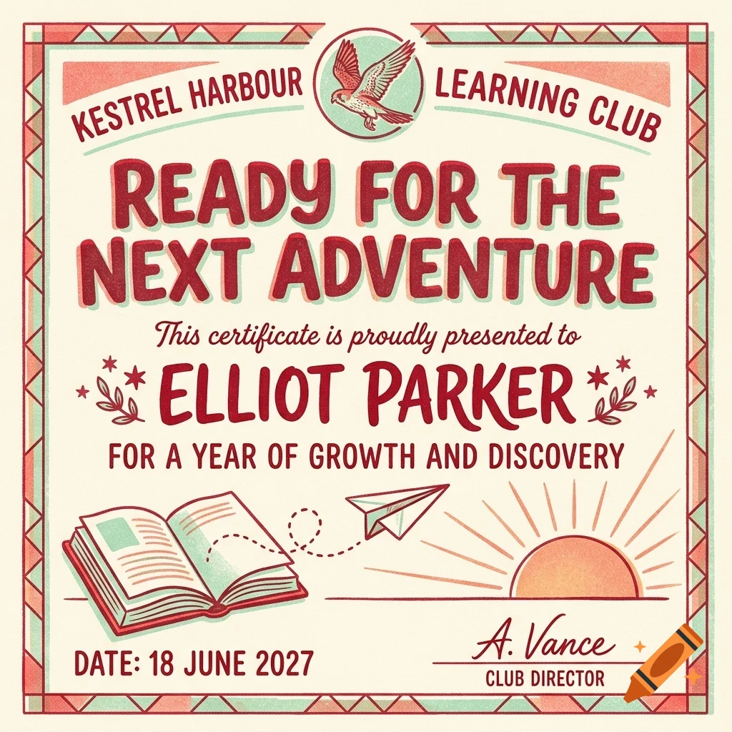 An illustrated certificate titled 'Ready for the Next Adventure' from Kestrel Harbour Learning Club, featuring an open book, paper airplane, and rising sun.