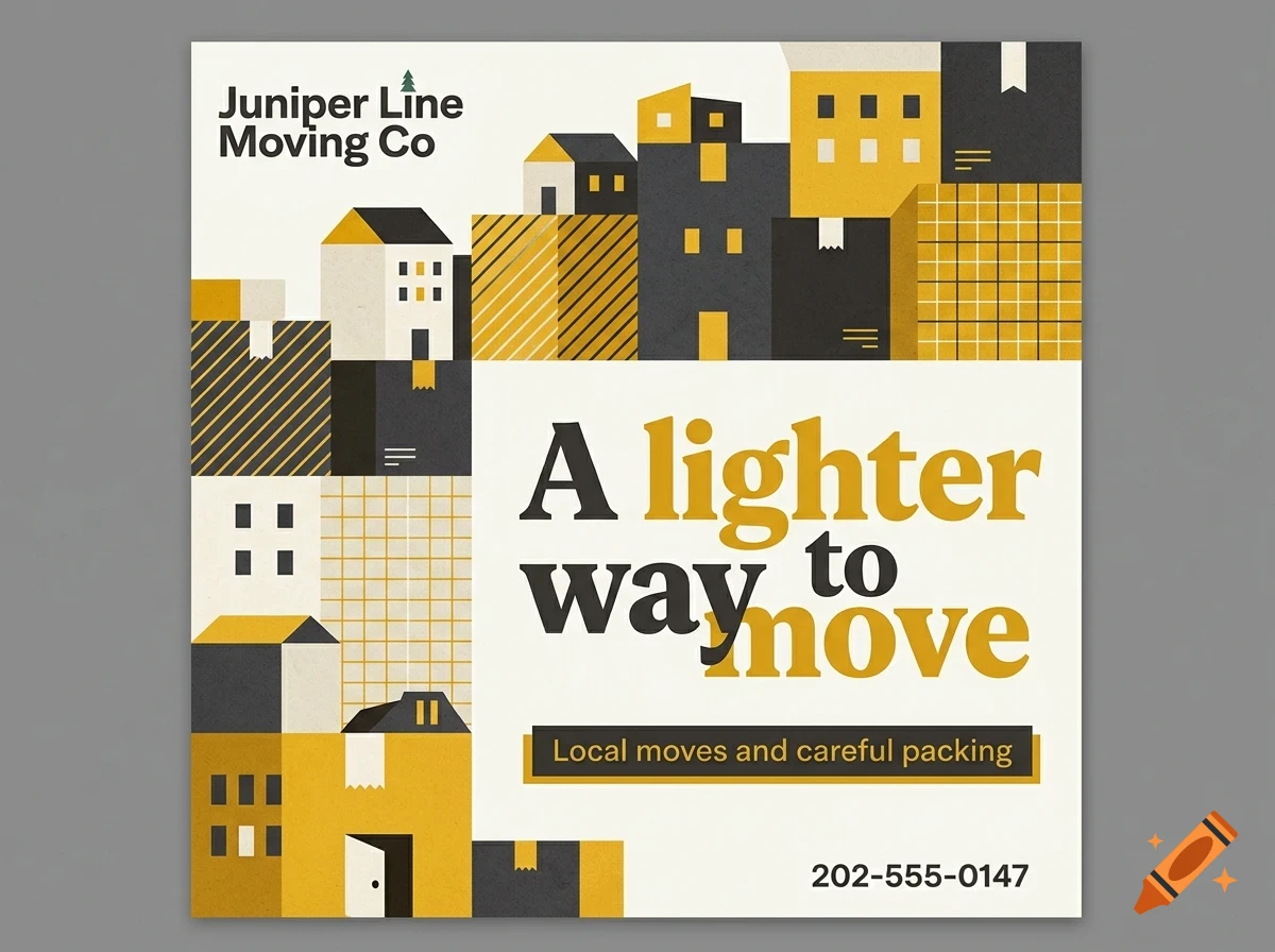 An advertisement for Juniper Line Moving Co featuring a vector illustration of buildings and moving boxes in yellow, black, and white.