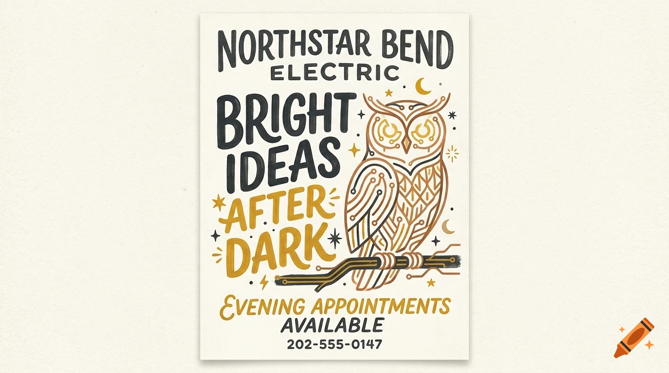 An illustrated poster for Northstar Bend Electric featuring an owl perched on a branch, surrounded by stars and text including Bright Ideas After Dark.