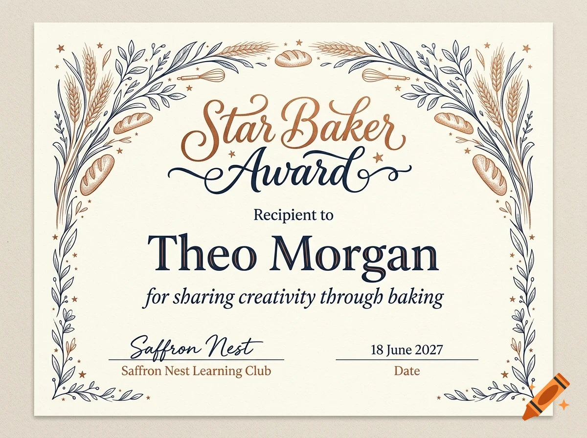 An illustrated Star Baker Award certificate featuring decorative botanical borders with wheat and bread motifs.
