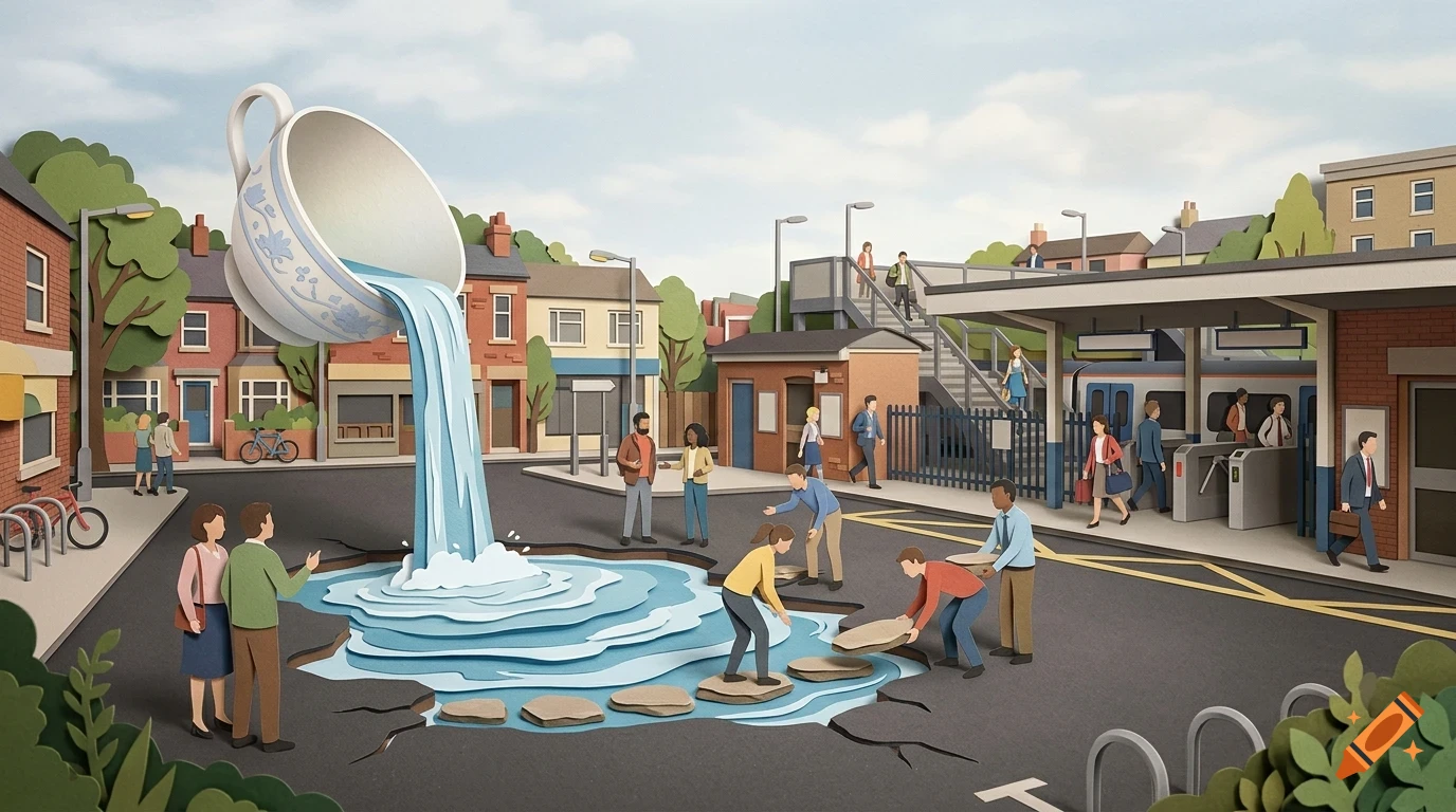 A stylized paper-craft style scene showing a giant teacup pouring water onto a street near a train station, with people gathered around.