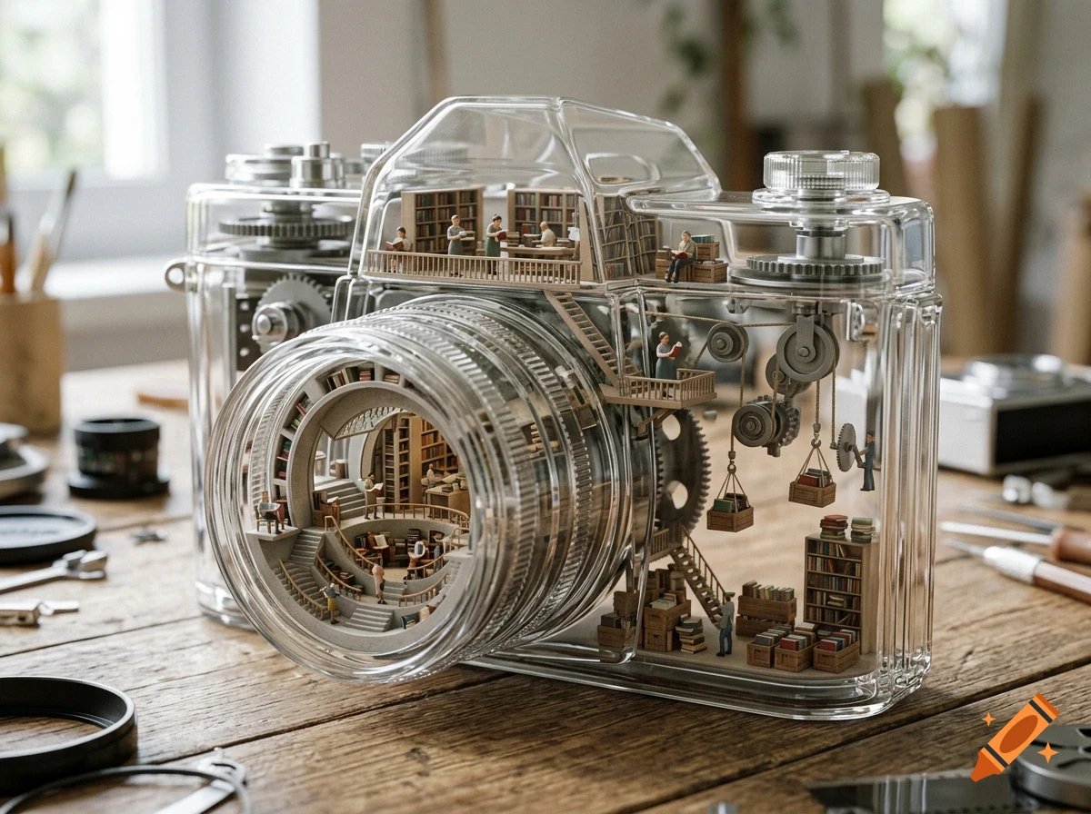 A miniature diorama inside a transparent camera, depicting a multi-level library with tiny people, bookshelves, and stairs.