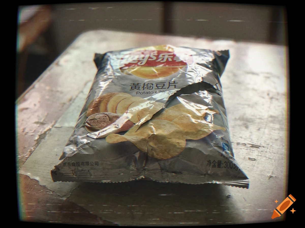 A damaged bag of Chinese Lay's potato chips on a rustic wooden table with an NTSC generation loss VHS effect.