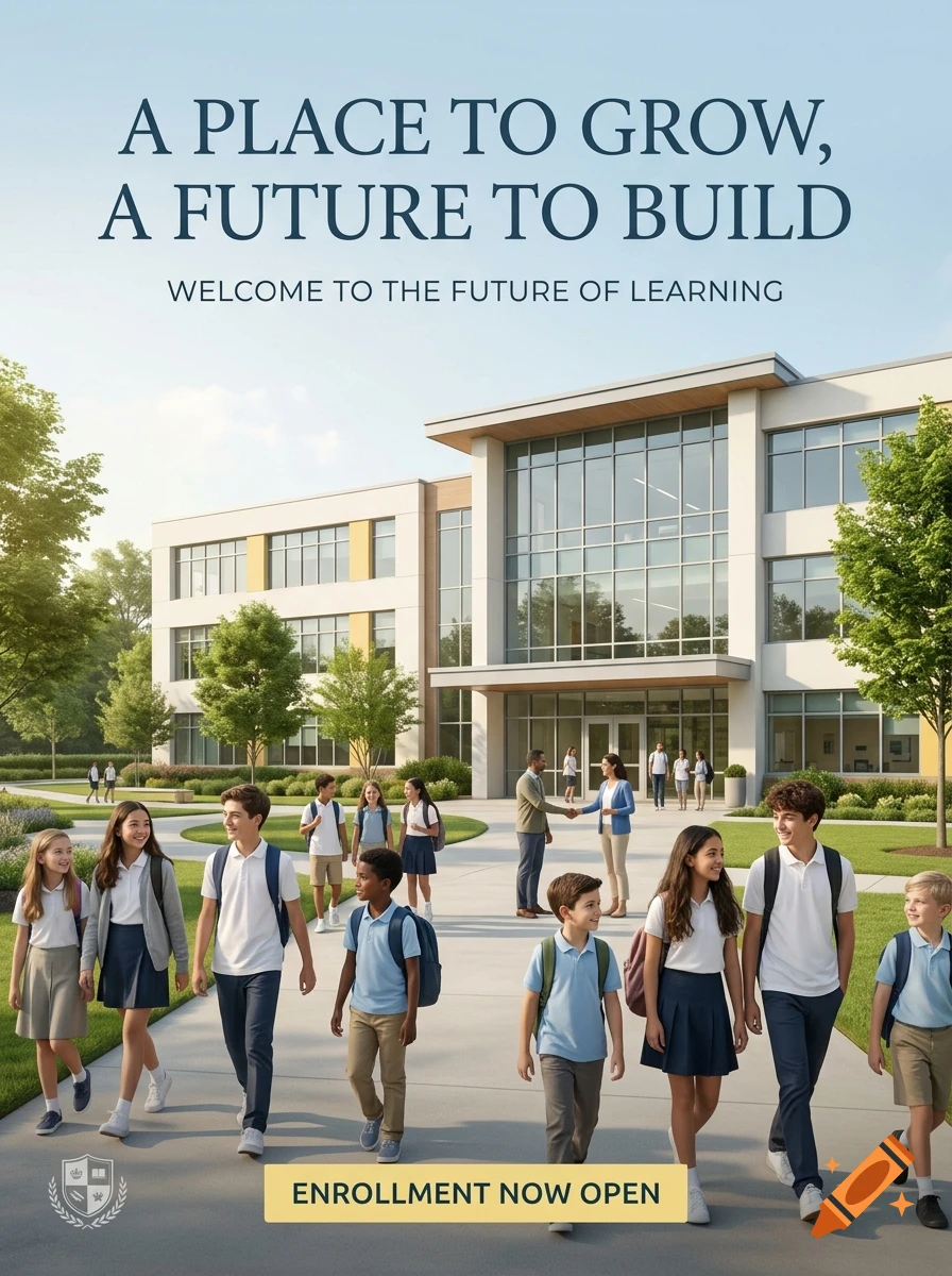 Students in school uniforms walking in front of a modern school building with posters at the top and bottom.