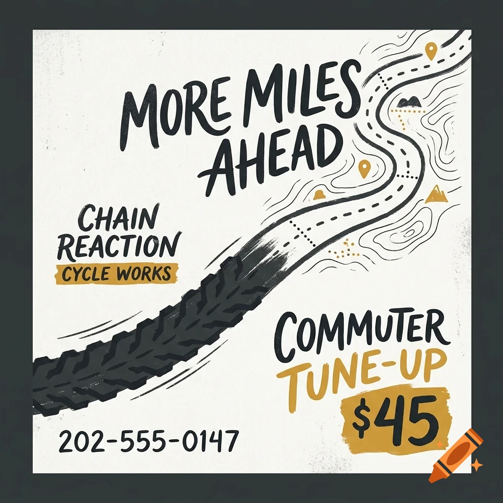 An illustrated advertisement for Chain Reaction Cycle Works featuring the text MORE MILES AHEAD and a winding road graphic with a bicycle tire track.