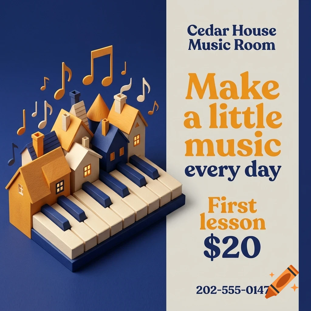 A 3D promotional image featuring miniature houses atop a piano keyboard, with floating musical notes and text reading Cedar House Music Room.