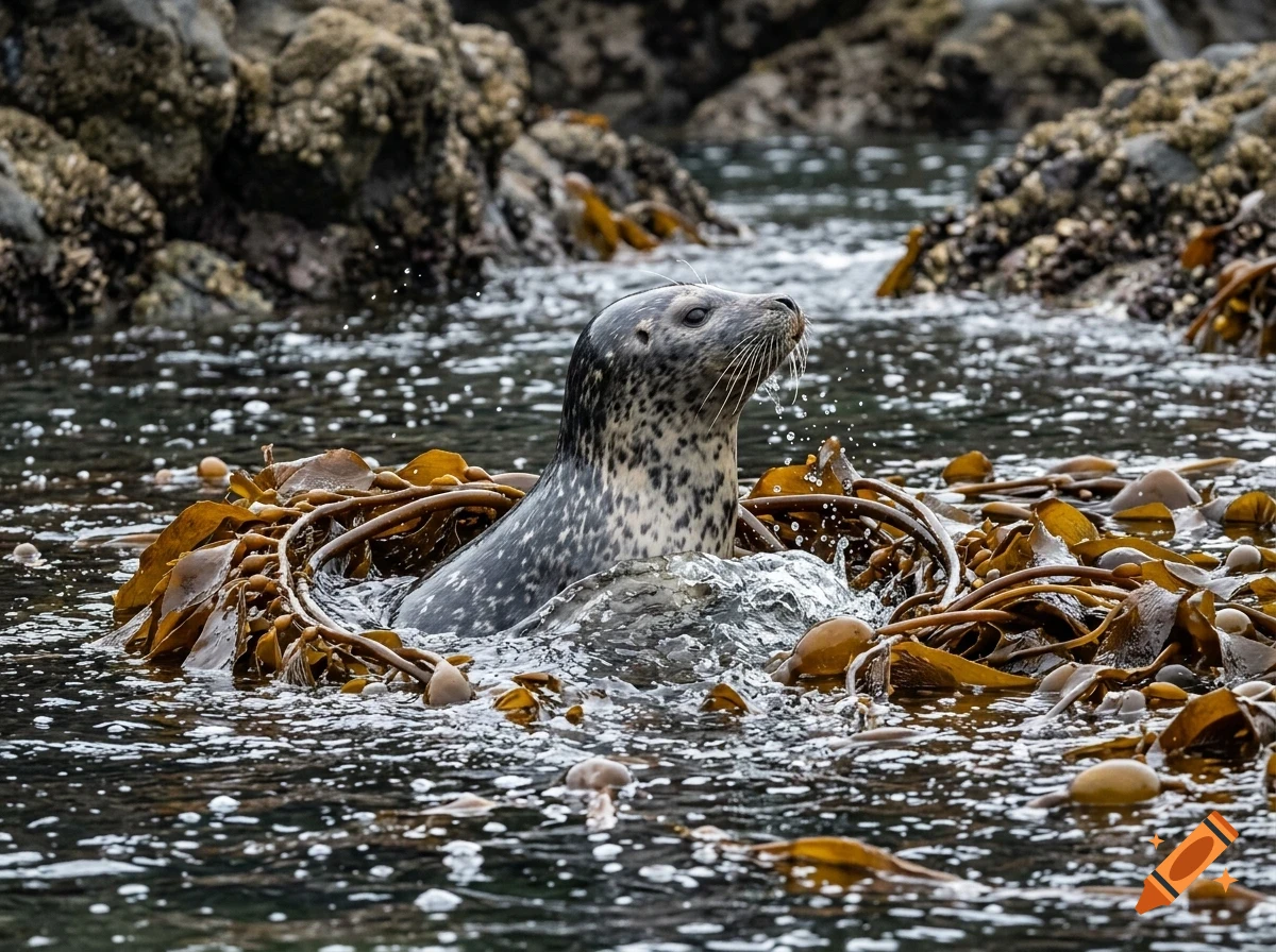 A seal swimming in the water surrounded by kelp and rocky shores.
