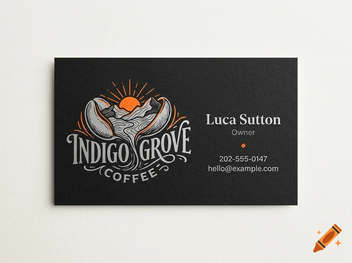 A business card with a dark background featuring a coffee bean and mountain landscape illustration, along with the text Indigo Grove Coffee and contact information.