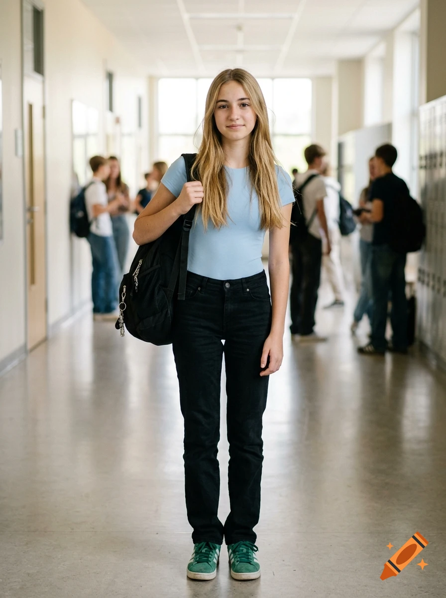 Full-body photograph of a teenage girl with blonde hair and a backpack standing in a school hallway.