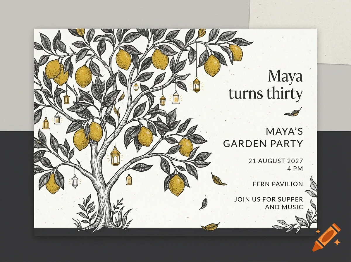 An illustrated invitation featuring a lemon tree with yellow lemons and hanging lanterns, accompanied by text for a garden party.