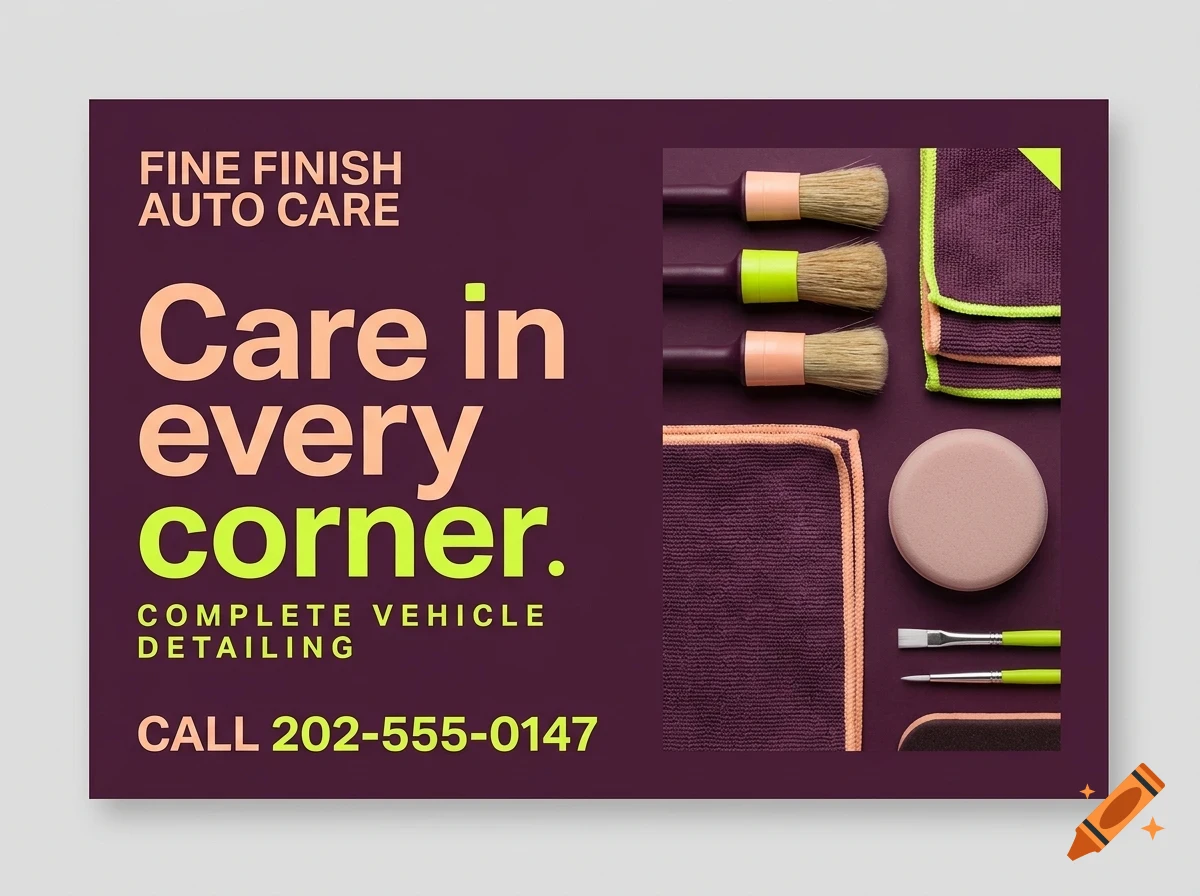An advertisement for Fine Finish Auto Care featuring car detailing tools and cloths with text on a purple background.