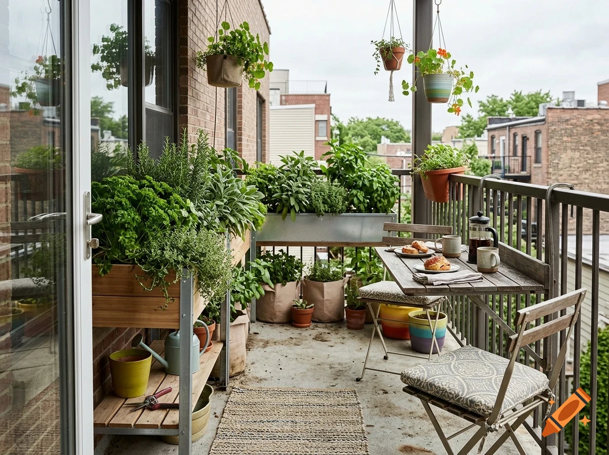 An apartment balcony filled with various potted plants, a small wooden table, and chairs.