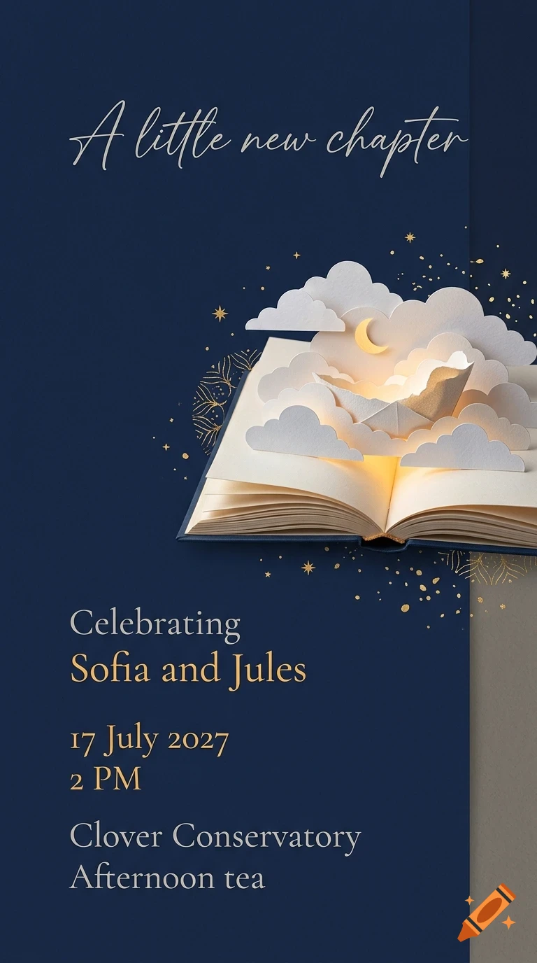 An invitation card with a dark blue background featuring an open pop-up book with paper clouds, a crescent moon, and golden stars, with event details for Sofia and Jules.