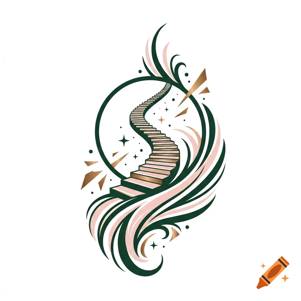 An artistic illustration featuring a winding staircase leading upwards inside a circle, surrounded by abstract dark green and pink curves, stars, and golden geometric fragments.