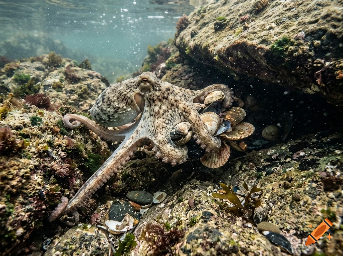 An octopus holding a collection of seashells under a rocky ledge underwater.