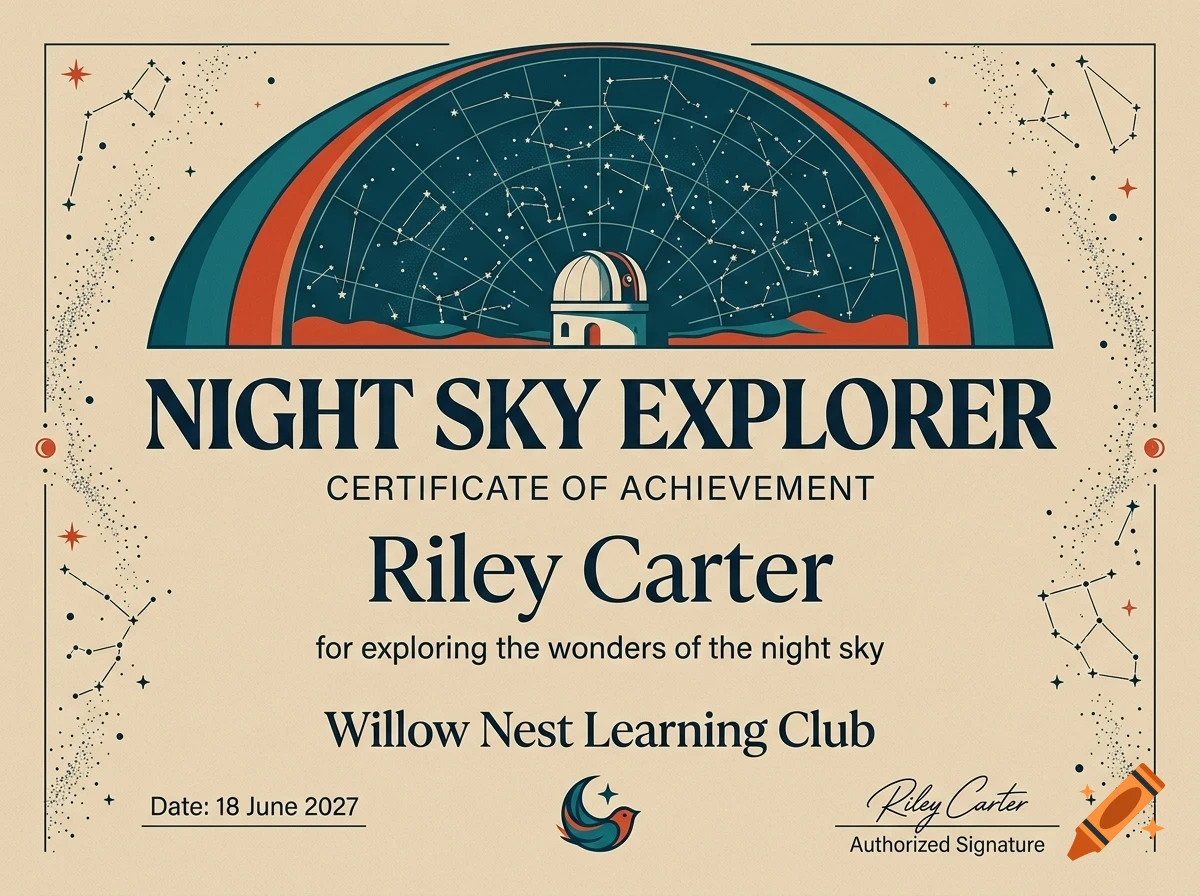 An illustrated certificate of achievement titled Night Sky Explorer with constellations and an observatory dome.