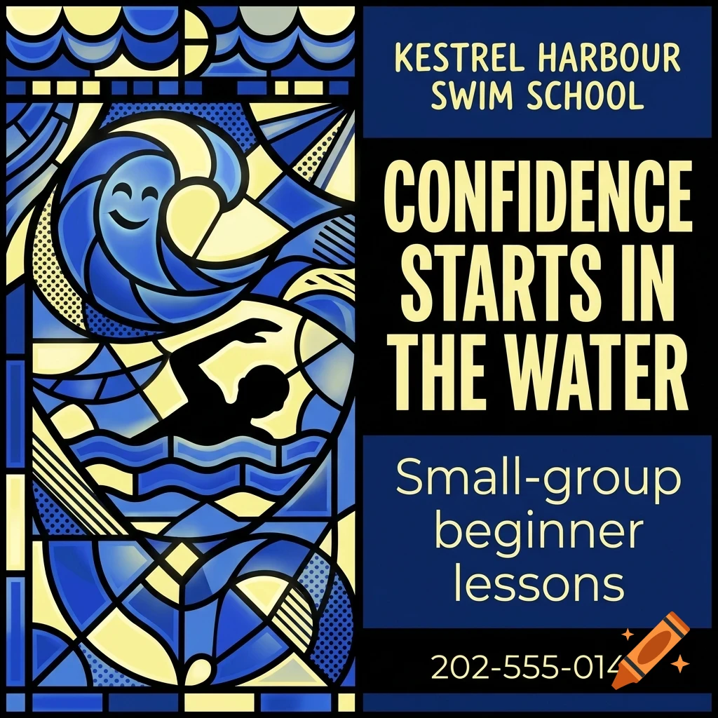 An advertisement for Kestrel Harbour Swim School with a blue and yellow stained-glass style illustration of a swimmer and waves.
