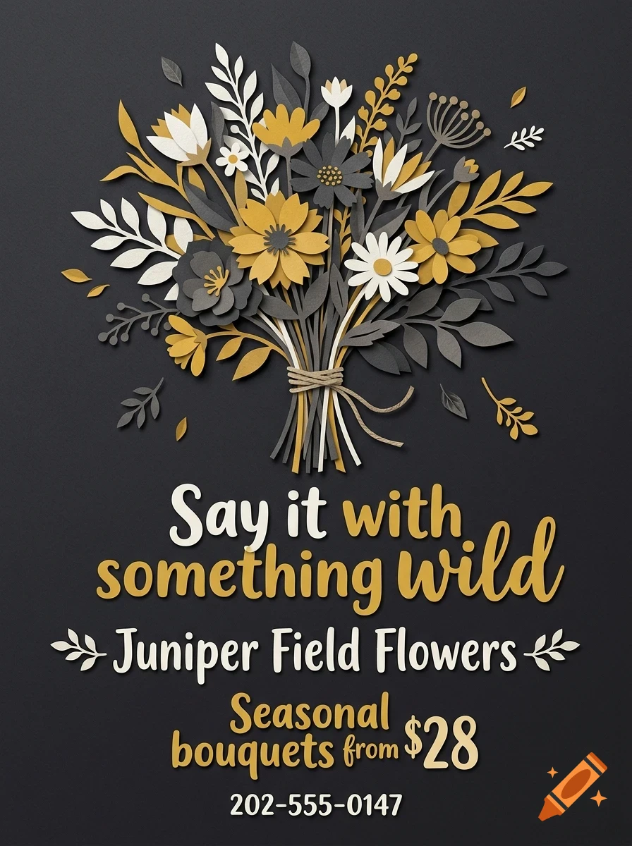 A stylized papercut illustration of a floral bouquet with yellow, white, and gray flowers and leaves against a dark gray background, accompanied by text reading "Say it with something wild, Juniper Field Flowers, Seasonal bouquets from $28, 202-555-0147".