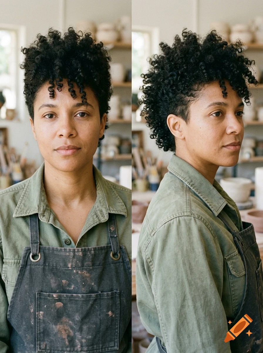 Two portraits of a person with short curly hair wearing a green shirt and dark apron in a studio.