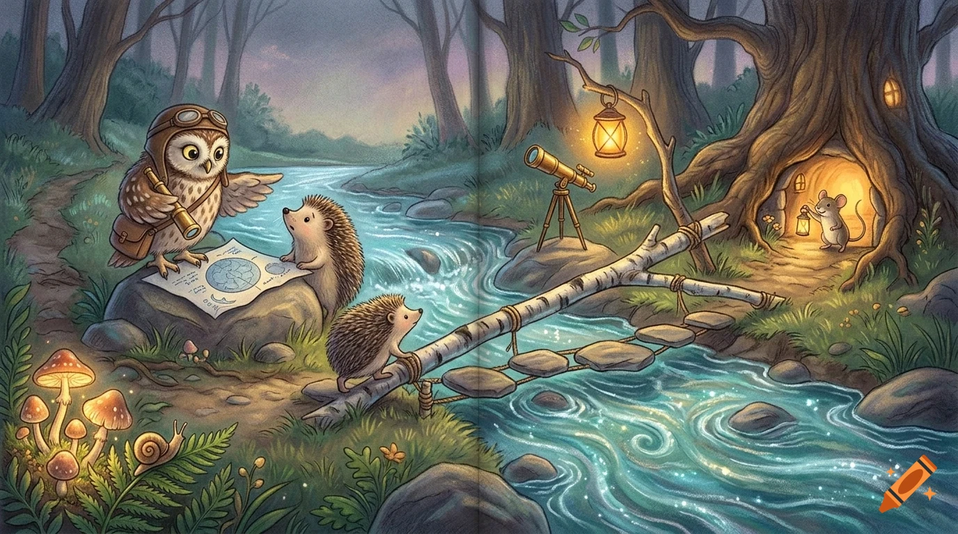 An illustrated woodland scene featuring an owl in a pilot cap looking at a map with hedgehogs near a stream, glowing mushrooms, a telescope, and a mouse in a tree den.