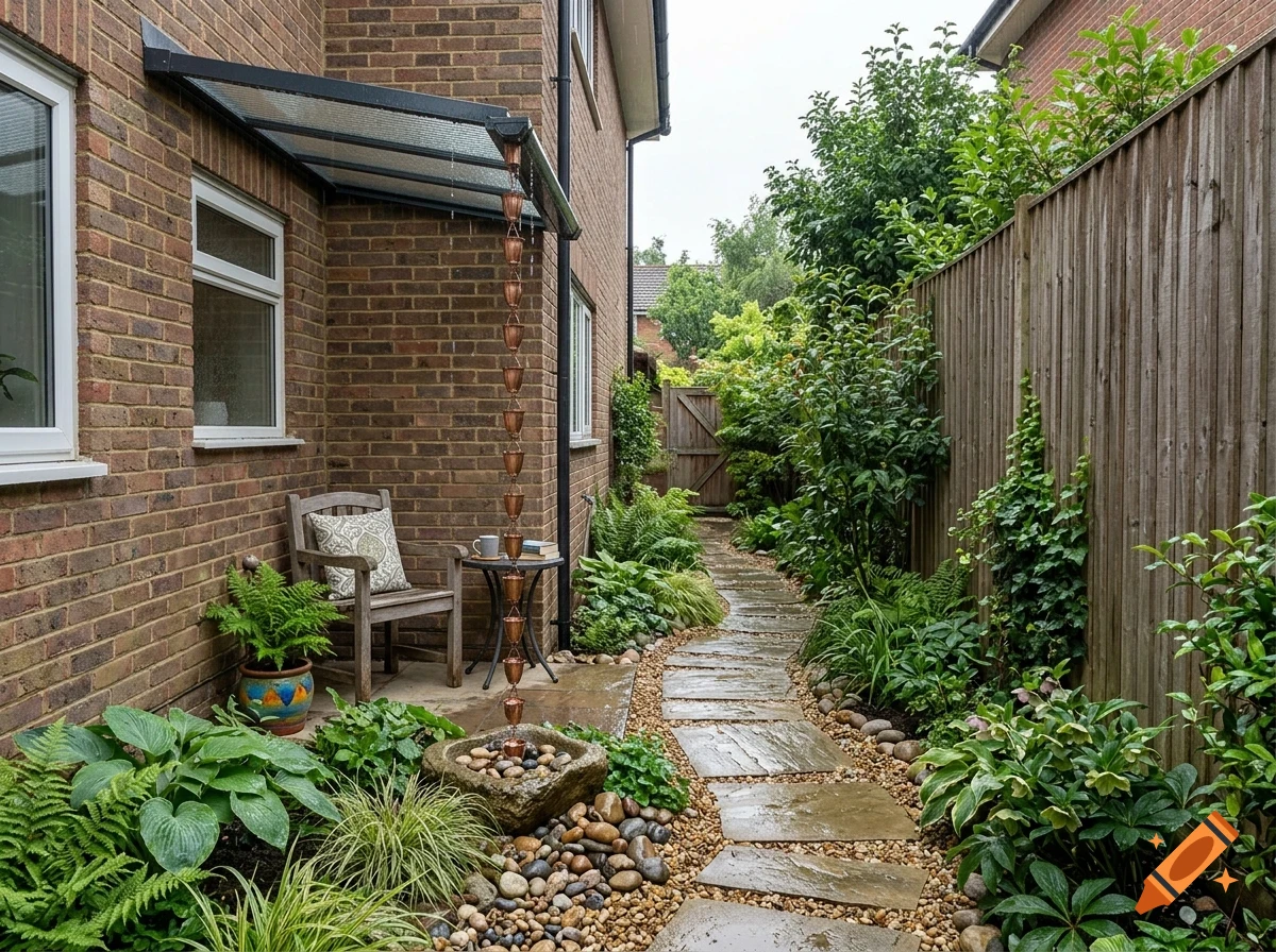 A narrow side garden path with a stone walkway, wooden fence, lush green plants, and a rain chain hanging from a brick house roof.