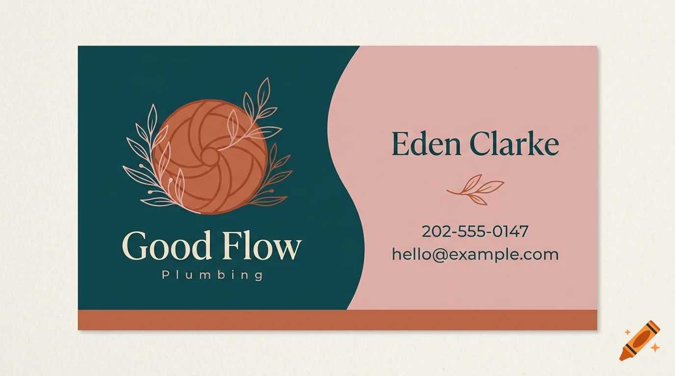 A business card with a dark teal and pink split background featuring a circular terracotta graphic, floral line art, and the text Good Flow Plumbing.
