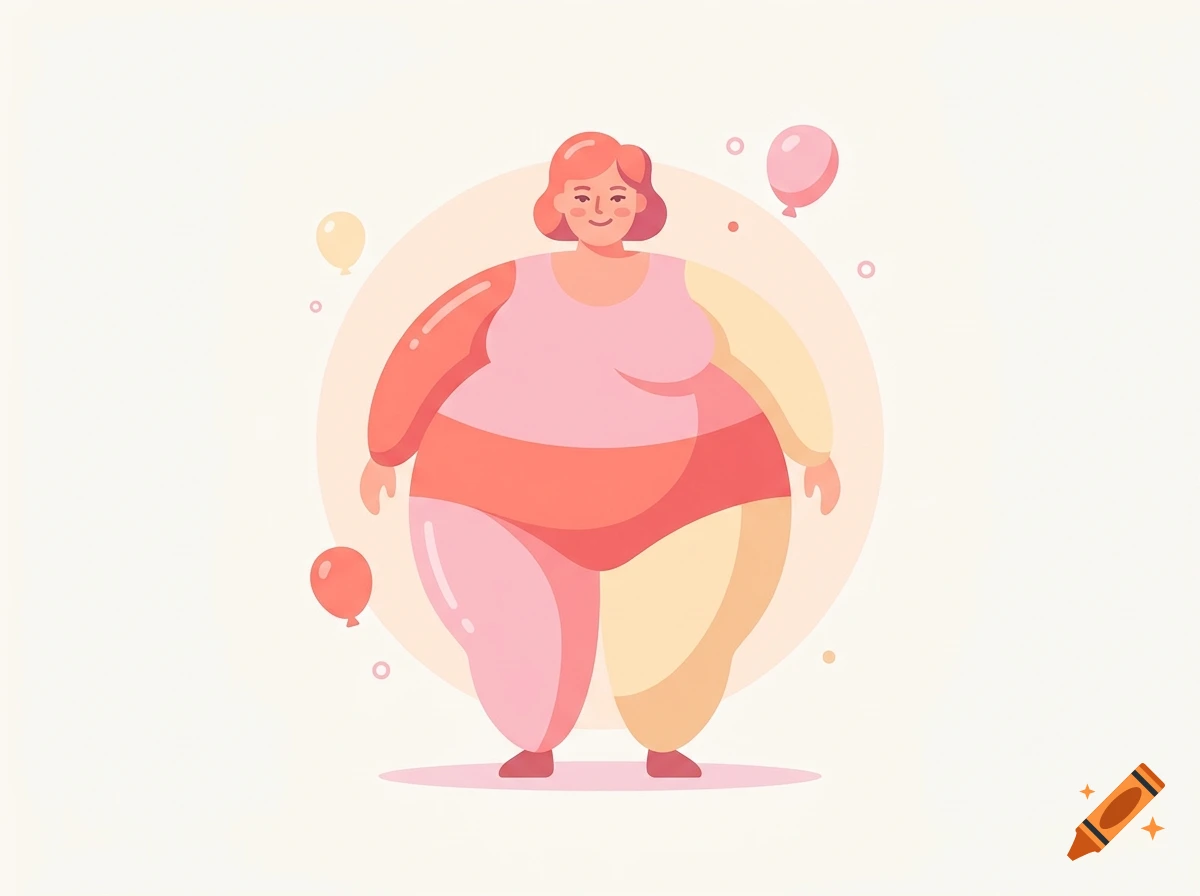 Vector style illustration of a plump woman with pink hair and clothes surrounded by small balloons on a neutral background.