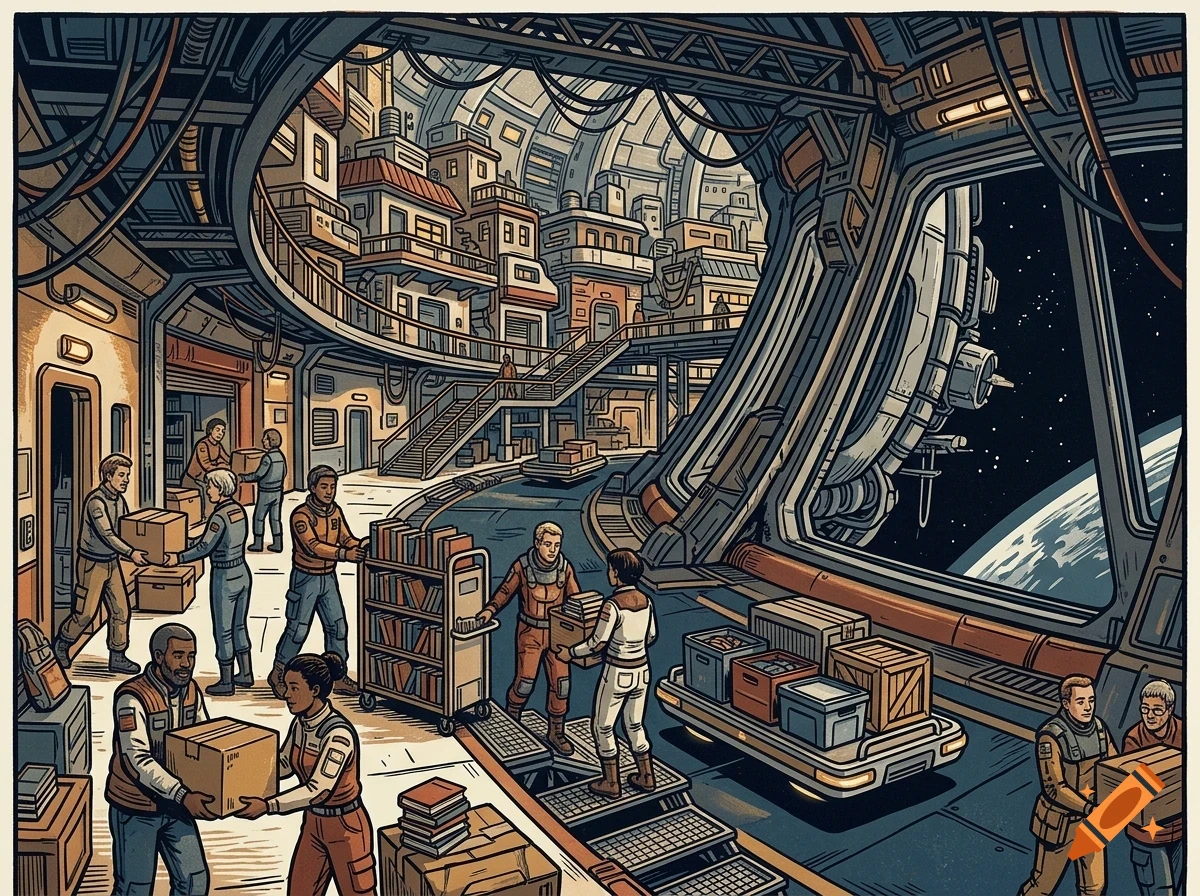 An illustration of people working inside a futuristic space station, loading boxes and organizing supplies with a view of space outside.