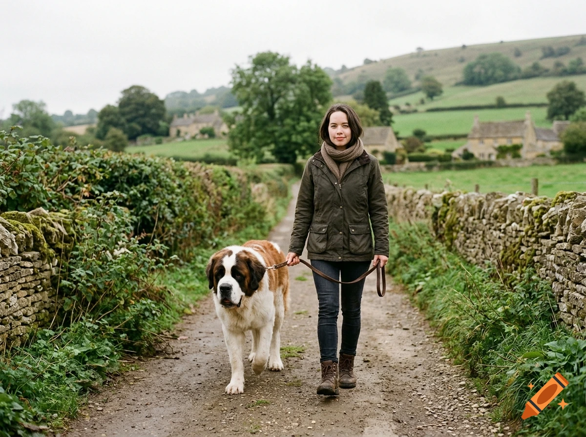 Photorealistic image of a woman walking her large Saint Bernard dog on a path in the Cotswolds countryside.
