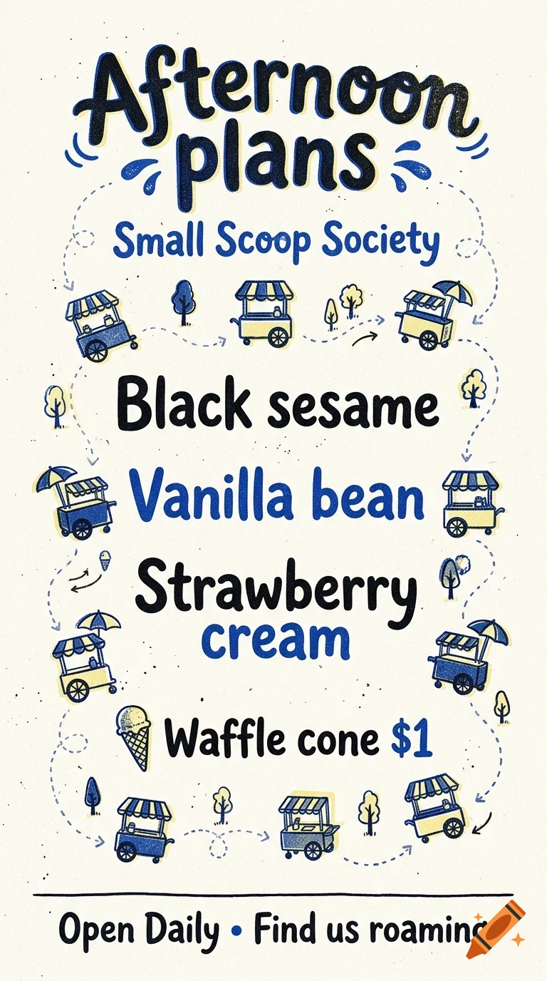 An illustrated poster with blue and black lettering that reads 'Afternoon plans' and lists flavors like 'Black sesame', 'Vanilla bean', and 'Strawberry cream', accompanied by small drawings of ice cream carts and trees.