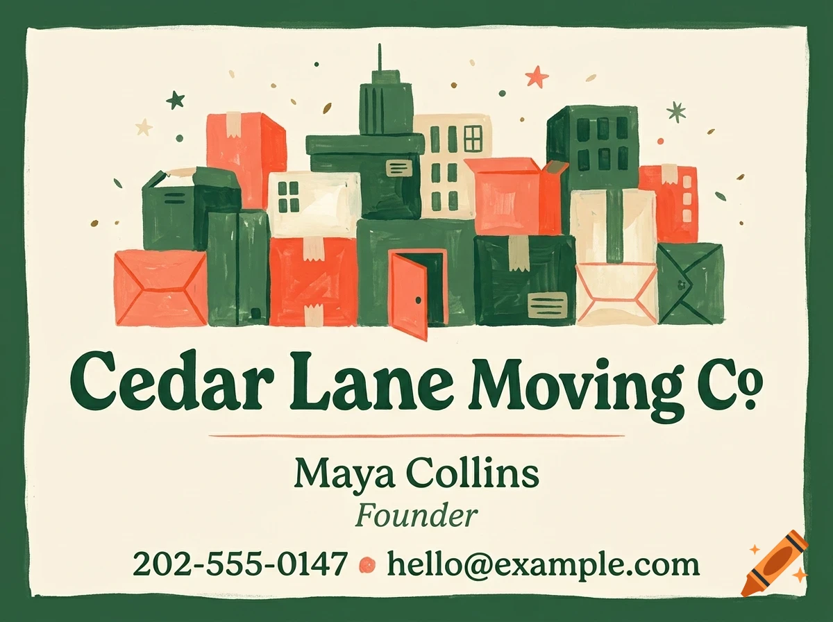 A business card illustration for Cedar Lane Moving Co featuring stacked moving boxes resembling a city skyline and text below.