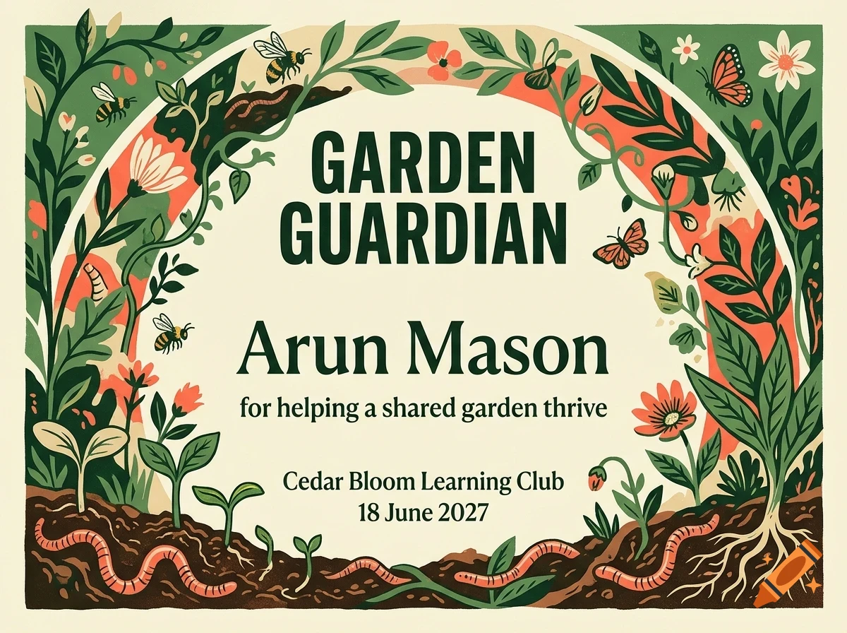 An illustrated award certificate featuring an arch of garden flowers, leaves, bees, and butterflies over soil with worms, and the text GARDEN GUARDIAN Arun Mason for helping a shared garden thrive Cedar Bloom Learning Club 18 June 2027.