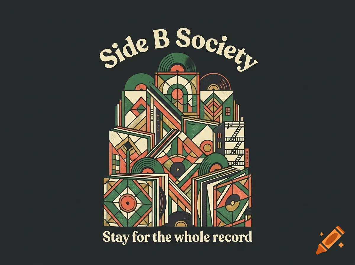 An artistic illustration featuring stacked vinyl records and abstract geometric buildings with the text Side B Society and Stay for the whole record.
