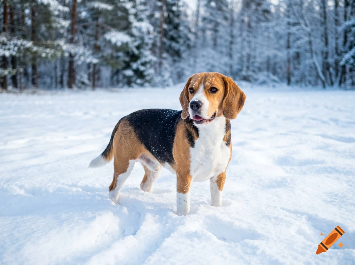 Photograph of a tricolor beagle standing in fresh snow with a snowy forest background.
