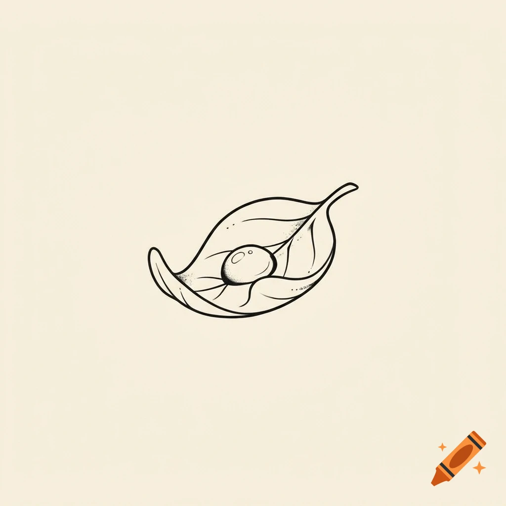 An ink outline illustration of a single leaf holding a small berry or seed.