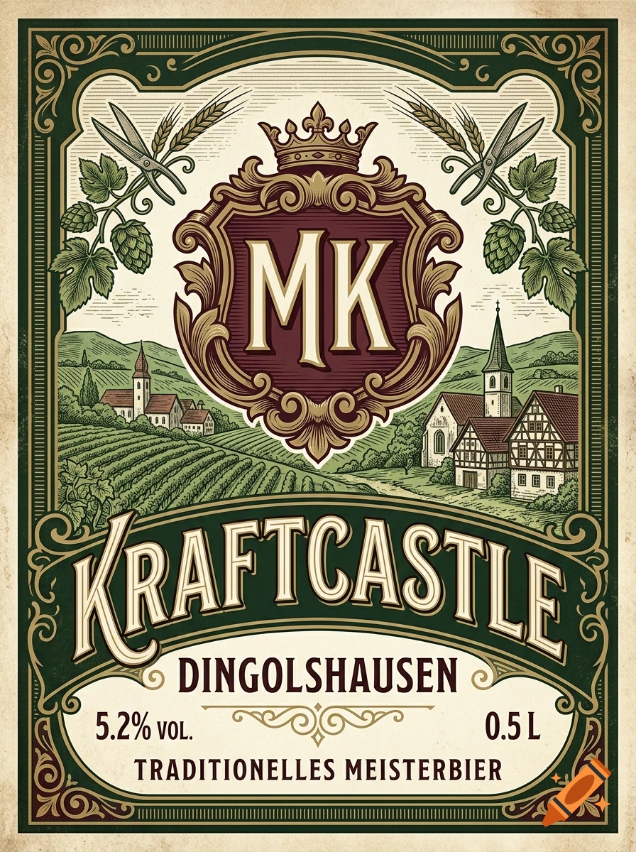 Vintage beer label illustration with green border, initials MK, landscape scene, and text Kraftcastle Dingolshausen.