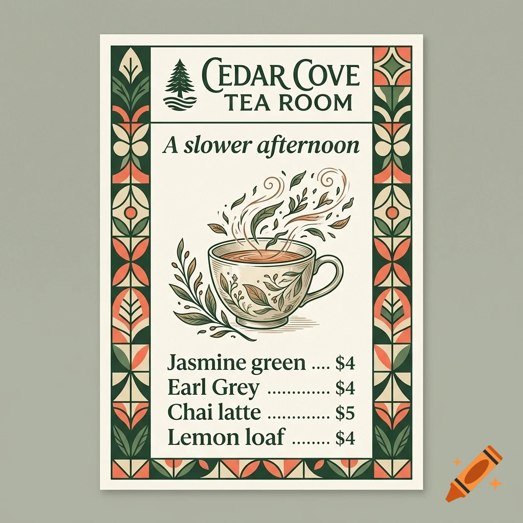 A poster for Cedar Cove Tea Room featuring a cup of tea, decorative borders, and a menu list.