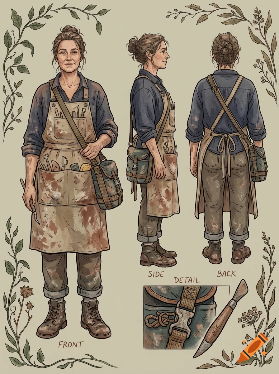Character sheet showing front, side, and back views of a woman in an apron with sculpting tools, surrounded by botanical illustrations.
